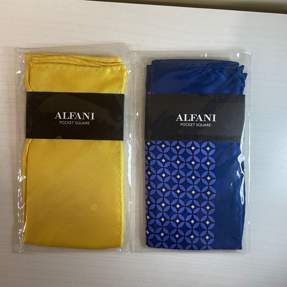 Set of 2 Alfani Pocket Squares Solid Yellow and Navy Blue Geometric Pattern New!